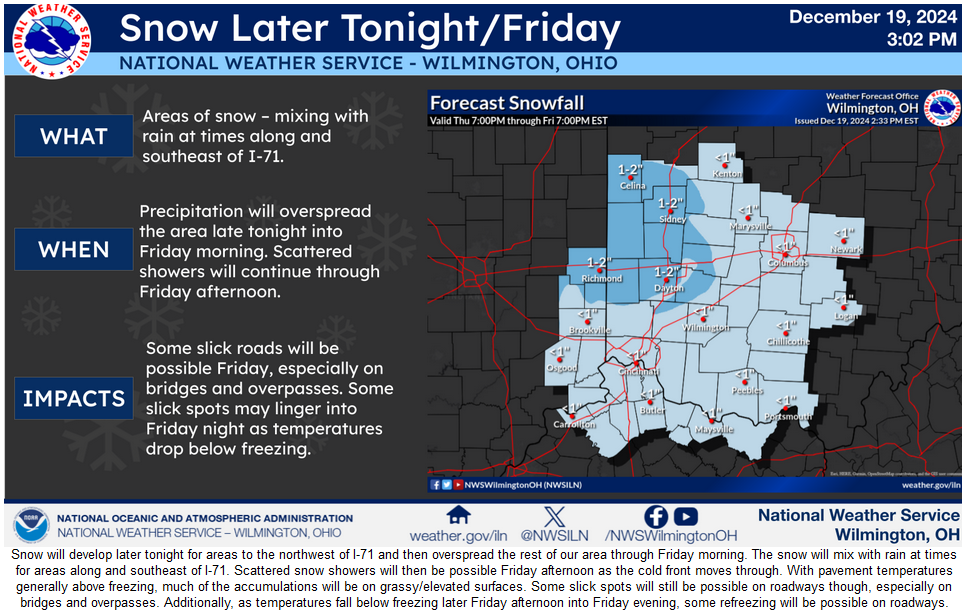 Snow will develop later tonight for areas to the northwest of I-71 and then overspread the rest of our area through Friday morning. The snow will mix with rain at times for areas along and southeast o